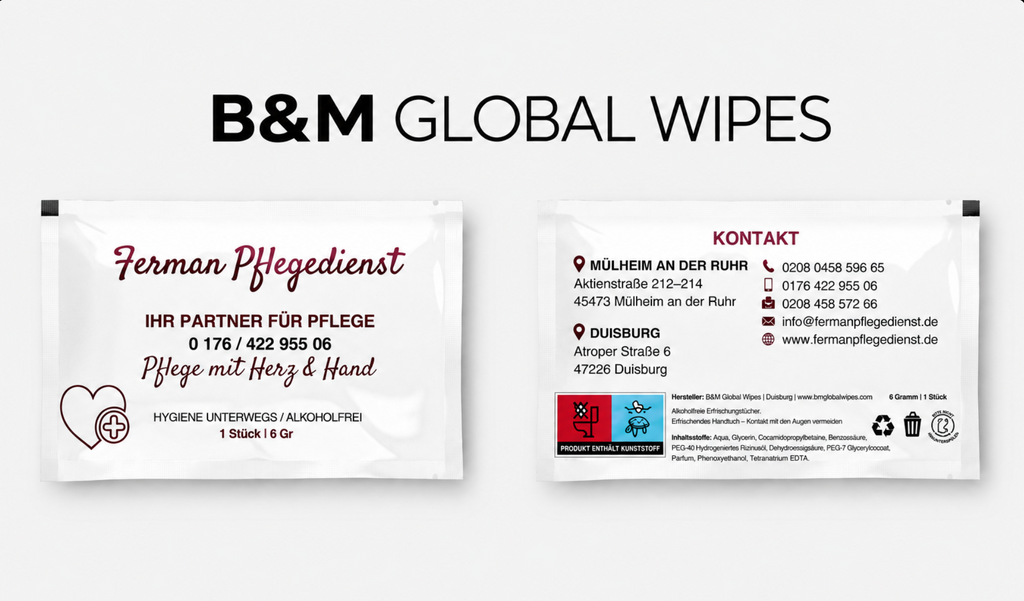 Personalisierte Feuchttücher B&M Global Wipes – Beispiel Ferman Pflegedienst